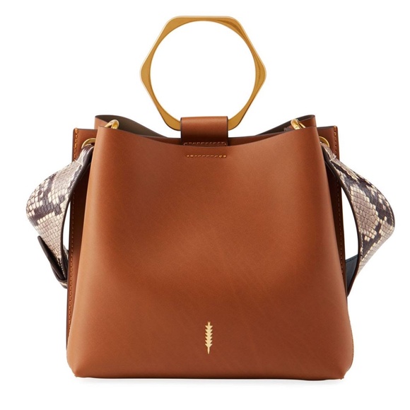 Thacker Brown Leather Bucket Bag with Snake Print Shoulder Strap - Picture 8 of 10